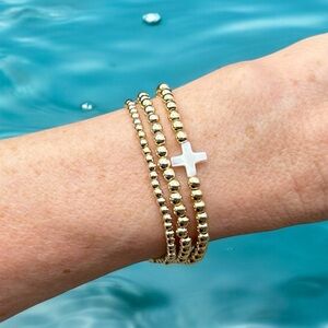 Gold Filled Beads Bracelets, stack set of 3 stretch, Mother of Pearl, waterproof